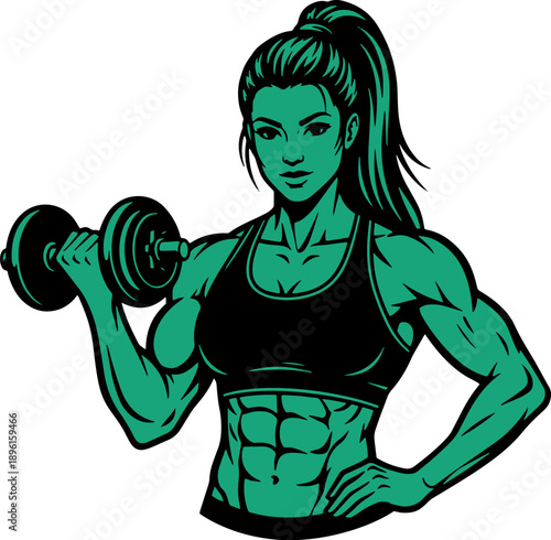Muscular Woman Lifting Dumbbell Cartoon Illustration.