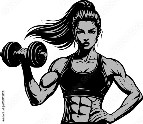 Muscular Woman Lifting Dumbbell Graphic Illustration.