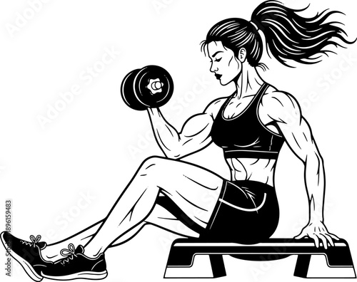 Woman Exercising with Dumbbell and Step.