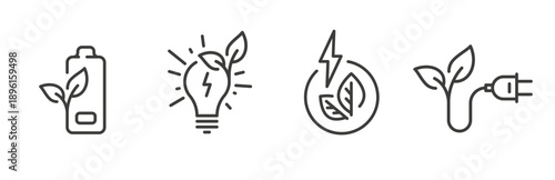 Green energy icon set, icons of eco battery, light bulb with leaves, clean energy, plug with leaf, line art