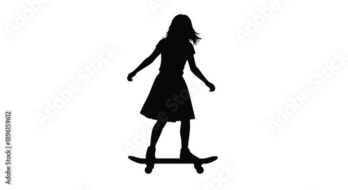 Silhouette of a young woman skateboarding on a white background