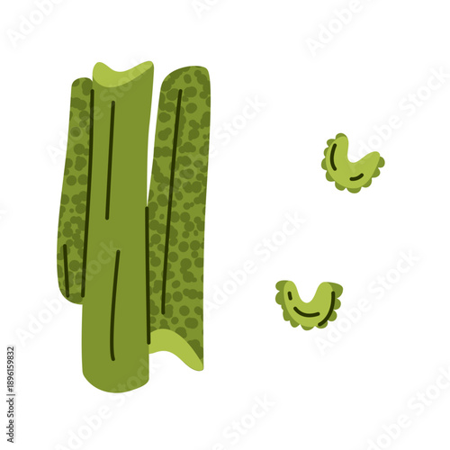 Celery stalks and slices illustration showing fresh green vegetable pieces in flat style. Food illustration suitable for healthy nutrition.