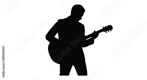 Silhouette of a musician playing an acoustic guitar against a white background