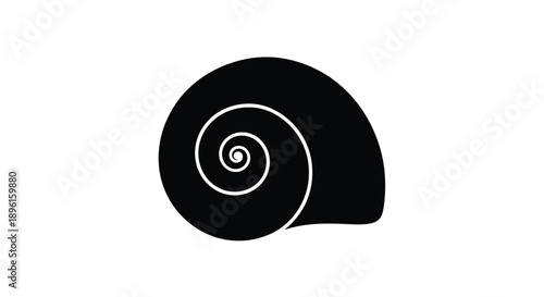 A stark black and white illustration of a nautilus shell with a spiral pattern