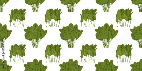 Spring spinach leaf botanical pattern with fresh green foliage. Natural leafy motif for packaging, textiles, stationery, wallpapers, kitchen decor, food branding and seasonal design projects.