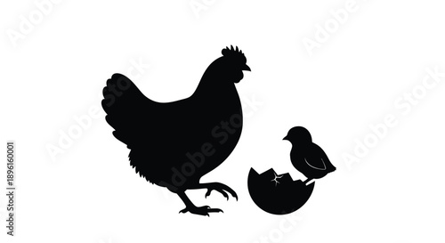A black silhouette of a hen with a chick and broken eggshell