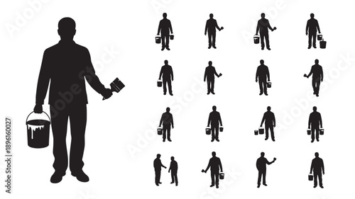 Silhouetted businessman stands with briefcase amidst diverse silhouettes of people in various actions and professions, set against a plain backdrop, viewed from the front.