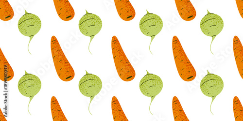 Spring salad vegetables pattern featuring carrot and radish. Fresh seasonal greens design for packaging, kitchen decor, food branding, textiles, wrapping paper.