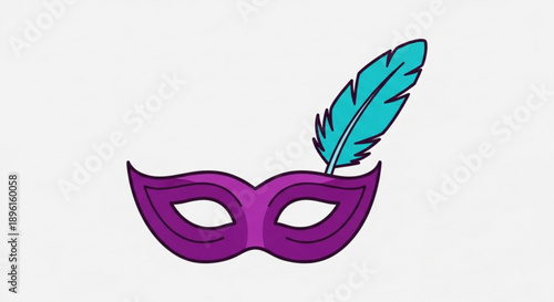 Purple Masquerade Mask with Turquoise Feather Isolated on White