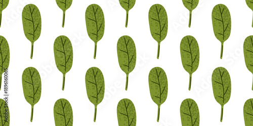 Fresh spring leafy greens illustrated as a seamless repeating pattern. Botanical vegetable surface design .