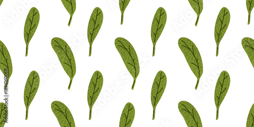 Fresh spring leafy greens illustrated as a seamless repeating pattern. Botanical vegetable surface design for food packaging, kitchen textiles, branding, editorial layouts, and healthy cuisine themes.
