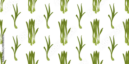 Fresh spring green onion illustrated as a seamless repeating pattern. Natural vegetable design for food packaging.