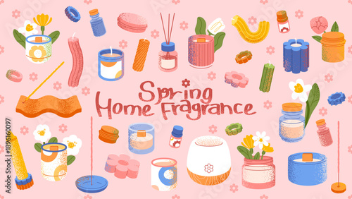 Spring home fragrance objects collection featuring candles, aroma jars, incense sticks, diffusers, wax melts, and floral decor.