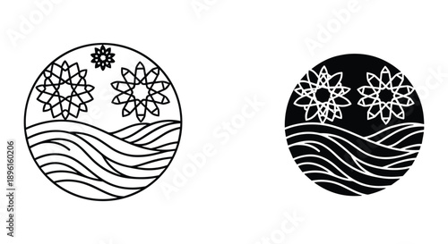 Lotus Flowers in Water Circle Icon Design Black White