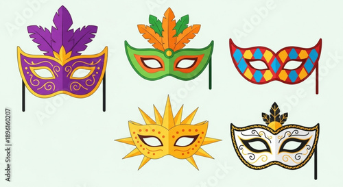 Colorful Mardi Gras Masks on White Background