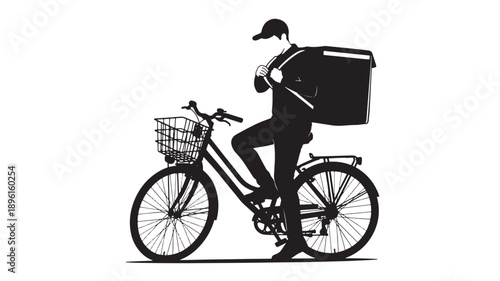 A delivery person riding a bicycle with a large bag attached to the back and a basket on the front handlebars in a simple black silhouette illustration