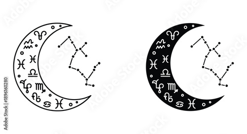 Crescent Moon with Astrological Symbols and Constellations in Black and White