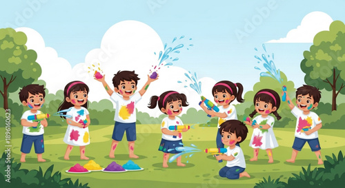 Children Playing with Water Pistols in Park during Summer
