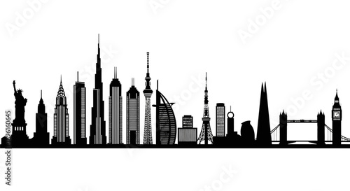 Iconic city skyline with famous landmarks around the world in black silhouette