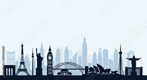 Iconic city skylines with famous landmarks around the world