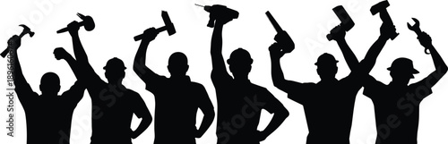 Black vector silhouette of construction workers holding tools like hammers and drills for industrial labor, building site teamwork, and professional trade service concepts