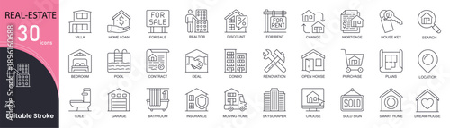 Real estate related line icons set. Pack outline pictograms of dream house, rent, sale, loan, mortgage, renovation, insurance, deal and other. Editable stroke. Outline icons.