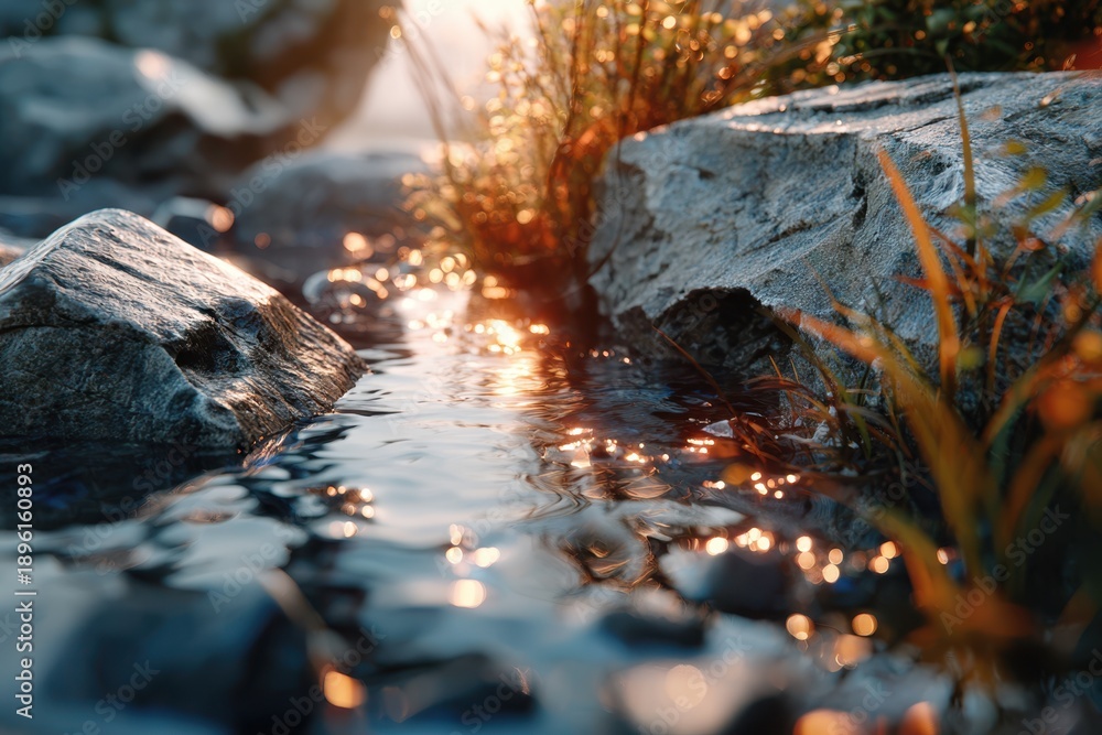 Fototapeta premium Crystal clear water glimmers among rocks and grass in a tranquil landscape during golden hour