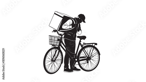 A delivery person standing beside a bicycle holding a large package with a basket on the front in a simple illustration style