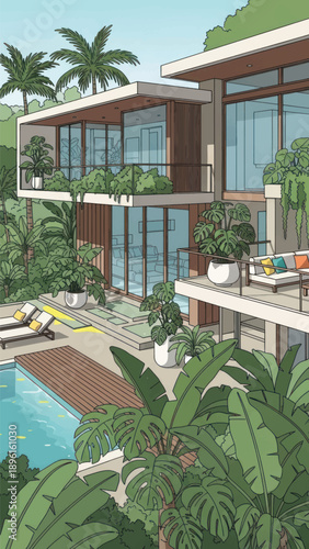 Modern tropical villa with glass walls, pool, and lush garden terraces.