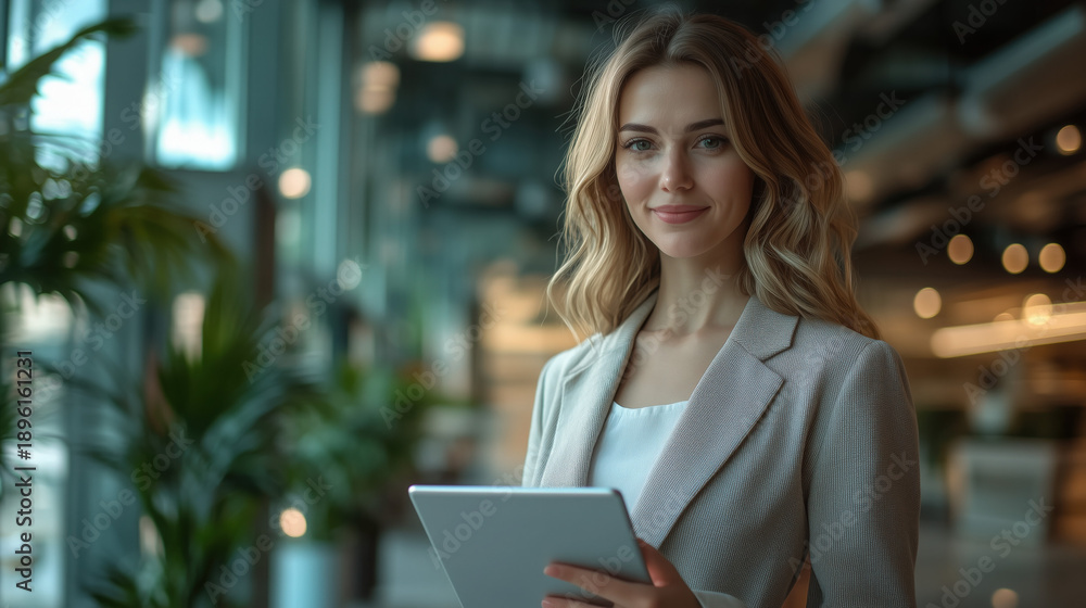 Fototapeta premium a confident businesswoman using a tablet in a corporate office