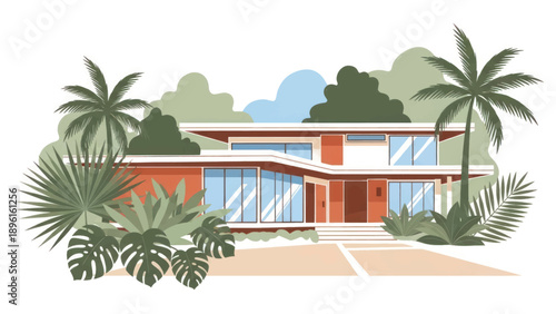 Modern tropical villa with palm-lined driveway and glass facade.