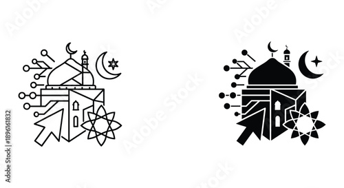 Islamic Mosque Symbol with Crescent Moon and Stars in Modern Line Art