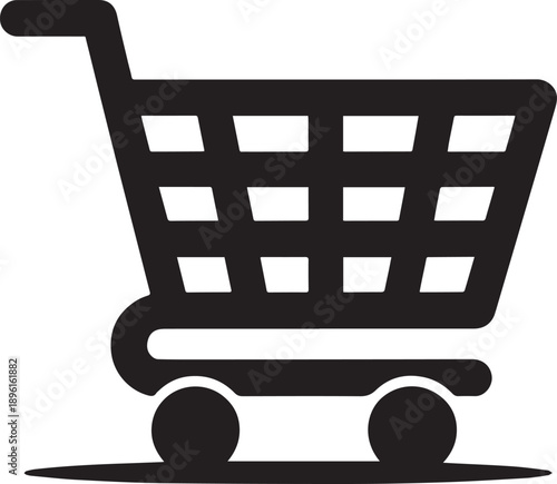 Shopping cart icon with a simple black silhouette, two large wheels and a basket with grid pattern, representing retail, commerce, online shopping,E-commerce, retail, e-commerce, transportation, deliv