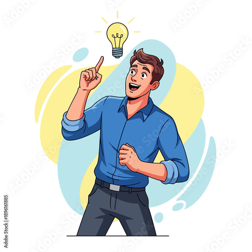 Man With Light Bulb Idea, Eureka Moment, Innovation Concept, Excitement