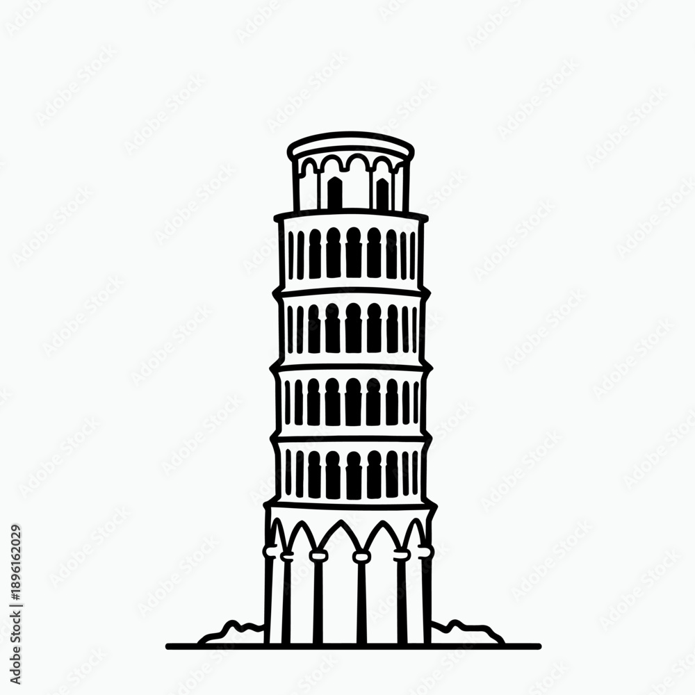 Obraz premium Leaning Tower of Pisa Outline Vector Illustration Minimal Monochrome Line Art
