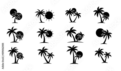Minimal tropical palm tree and sunset vector icon set for summer travel and beach