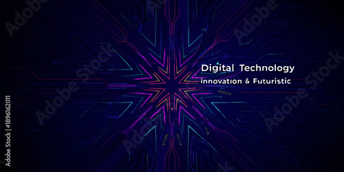 Abstract digital network with vibrant neon lines and technology text