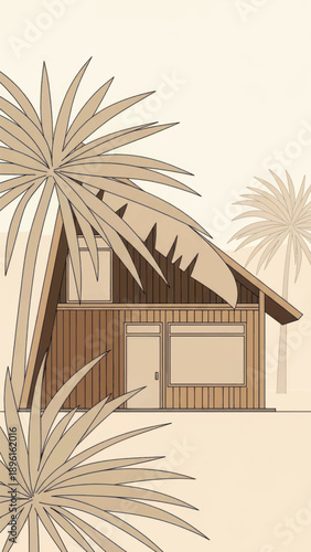 Thatched-roof bungalow amid palm trees in a tropical desert scene.