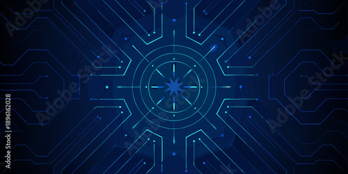 Abstract blue circuit board pattern with a central glowing starburst