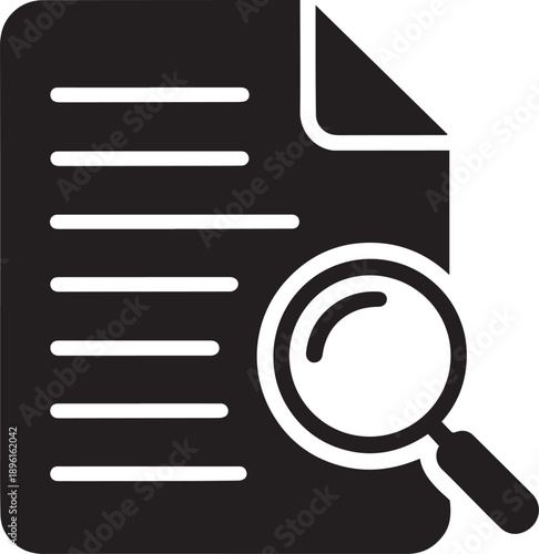 Document file icon with magnifying glass and text lines for research or data analysis purposes in black silhouette style. featuring report, archive, folder with magnification and search elements for