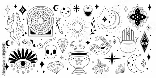 Mystical and celestial hand drawn illustrations with various magical symbols