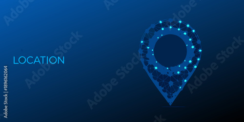 Abstract location pin made of glowing particles on a dark blue background