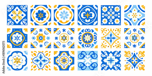 A collection of colorful repeating blue and yellow patterned ceramic tiles