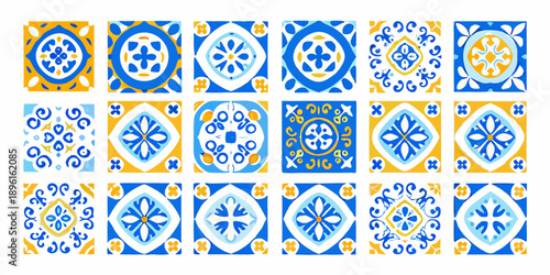 A collection of repeating blue and yellow ornamental tile patterns