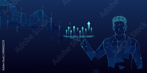 A waiter presents rising charts and graphs in a futuristic polygonal style