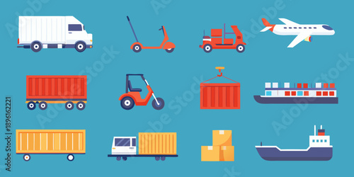 Various modes of transport and cargo containers in a flat design