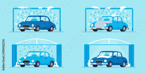 Blue car progressing through a four stage automated car wash process