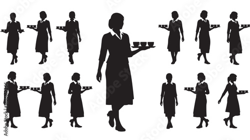 Woman in a dress walking and holding a tray, multiple silhouettes from different viewpoints