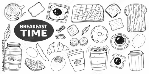 Hand drawn breakfast items including eggs toast coffee and various pastries