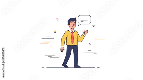Young male cartoon character speaking with speech bubble in business attire
